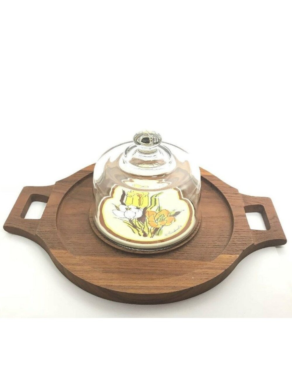 Vintage Goodwood Round Cheese Cracker Serving Tray Glass Dome Genuine Teak